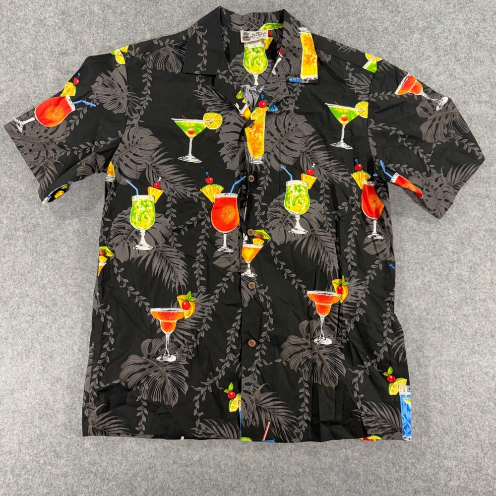 Aloha Republic Hawaii Black Cocktail Tropical Print Cotton Button Down Shirt M